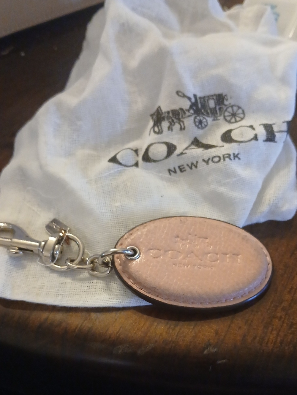 COACH Pink Leather Oval Keychain with Silver Hardware Used With Dusty
